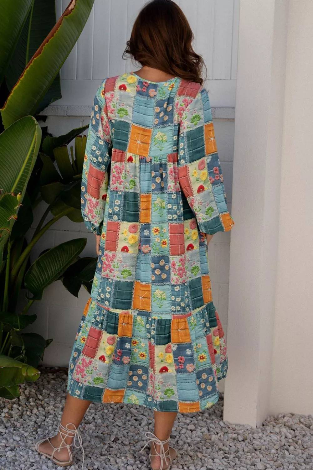 Floral Checkered V-Neck Dress - Image 2