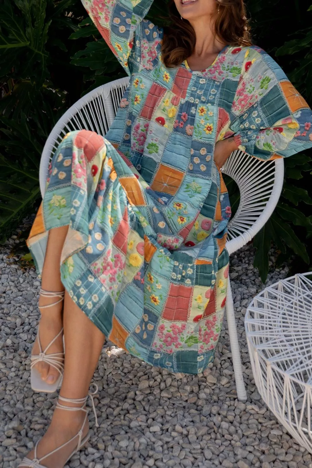 Floral Checkered V-Neck Dress - Image 3
