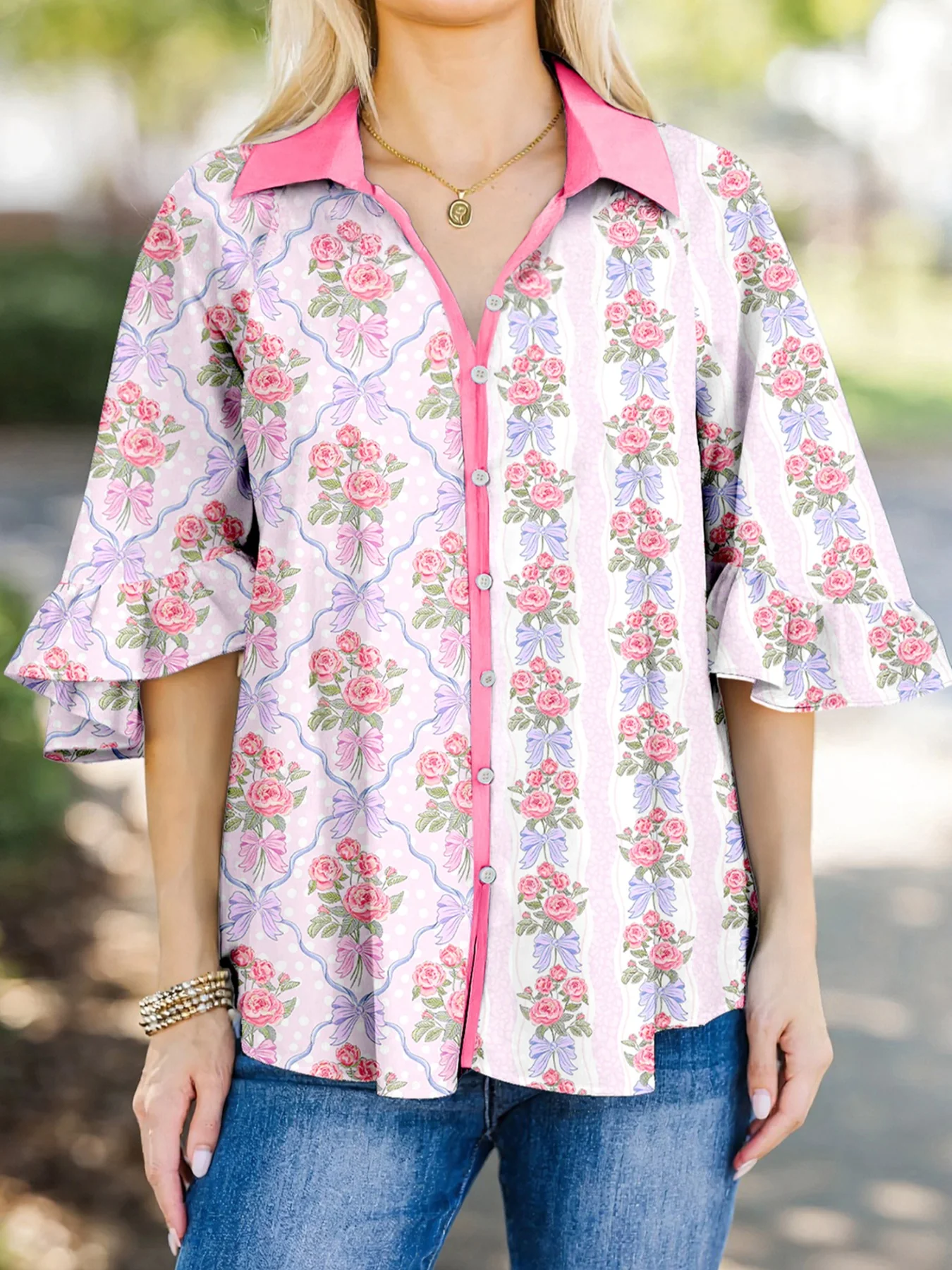 Floral Collared Ruffled Half Sleeve Shirt - Image 3