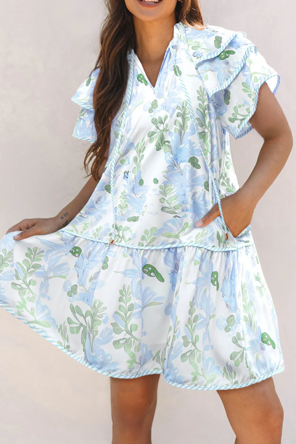 Floral Contrast Edge Layered Short Sleeve Mini Dress - Image 10