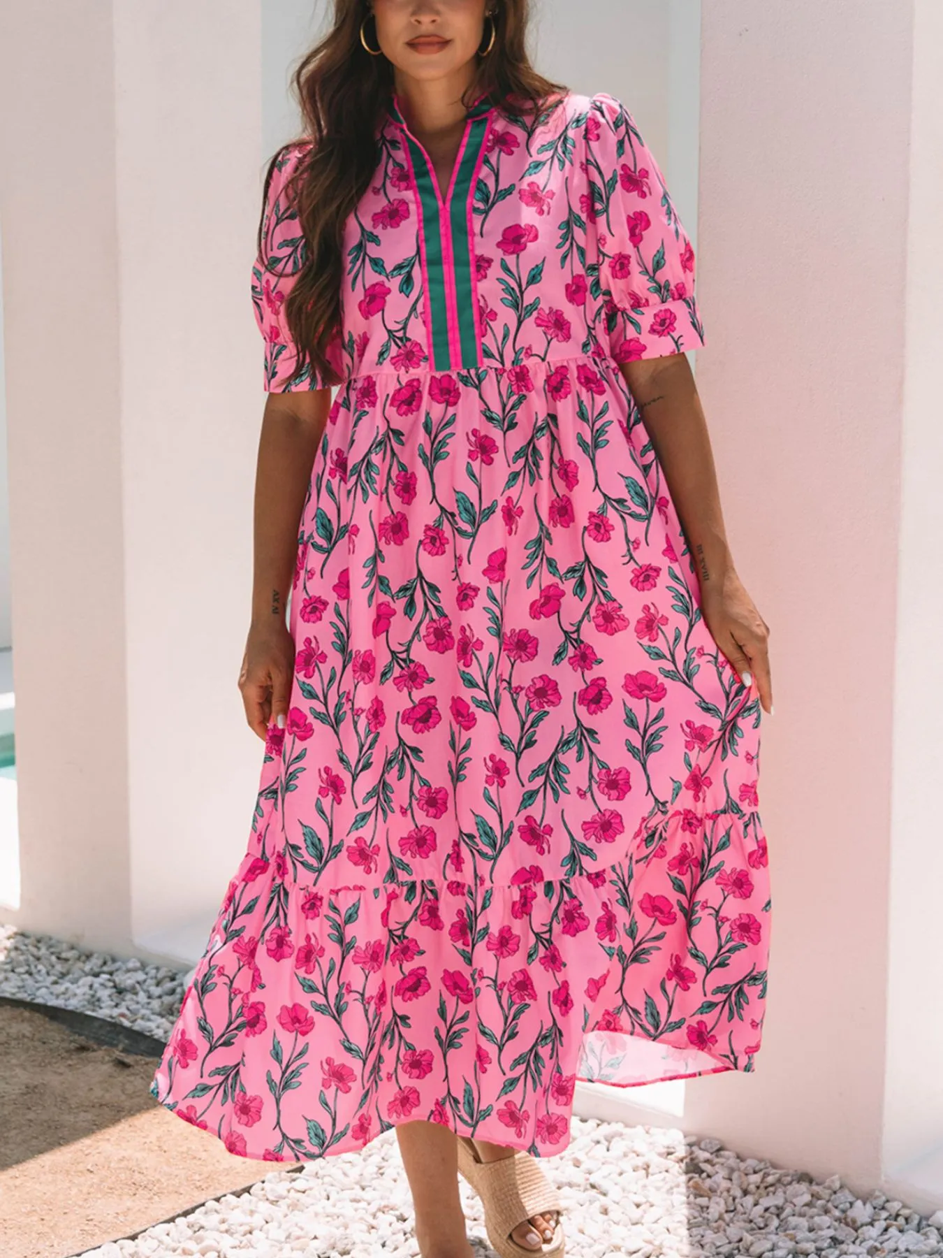 Floral Contrast Neckline A-line Puff Sleeve Dress - Image 5