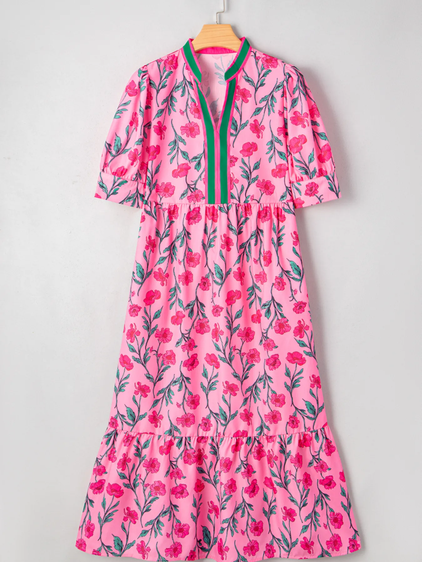 Floral Contrast Neckline A-line Puff Sleeve Dress - Image 6