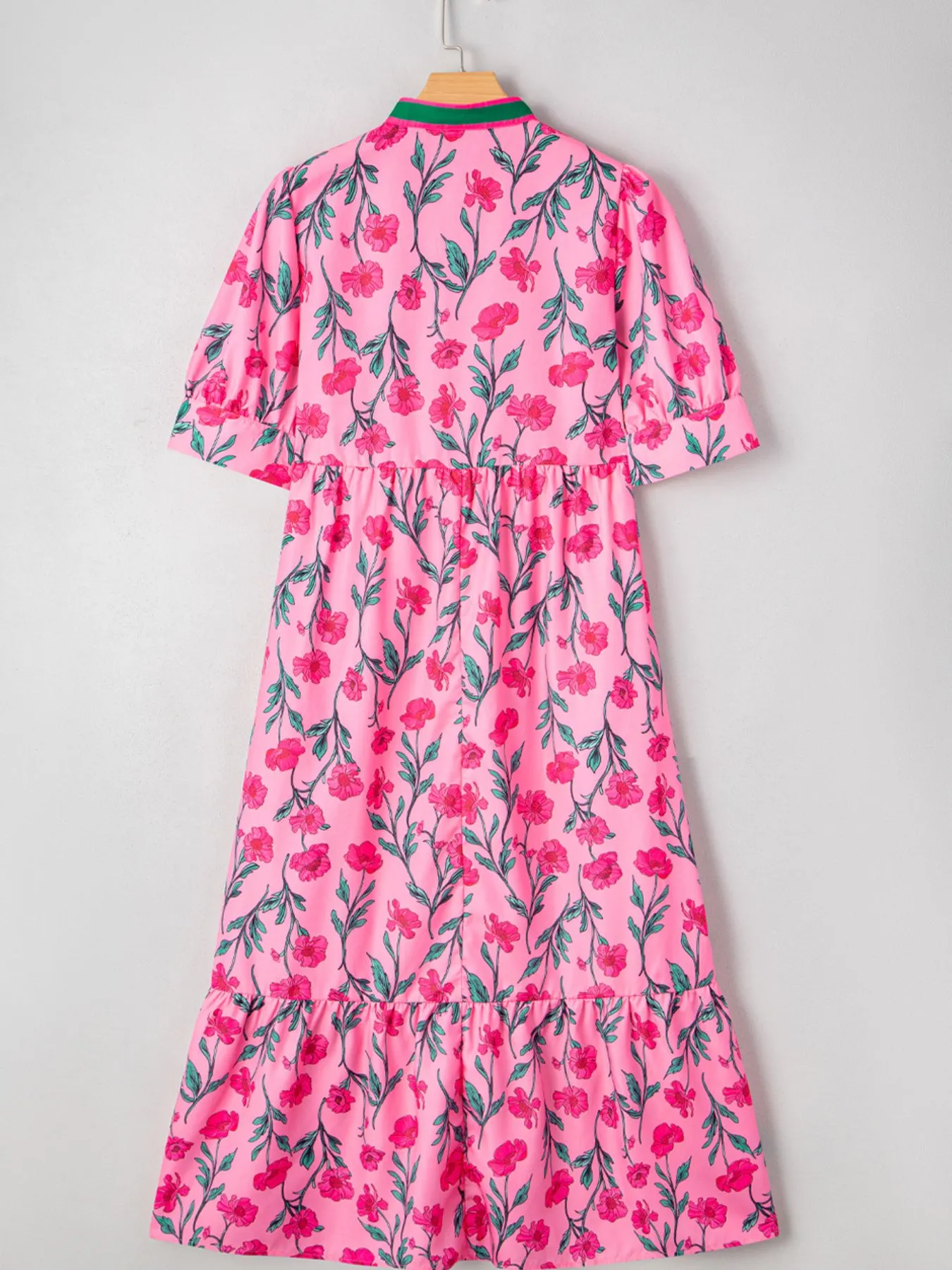 Floral Contrast Neckline A-line Puff Sleeve Dress - Image 7