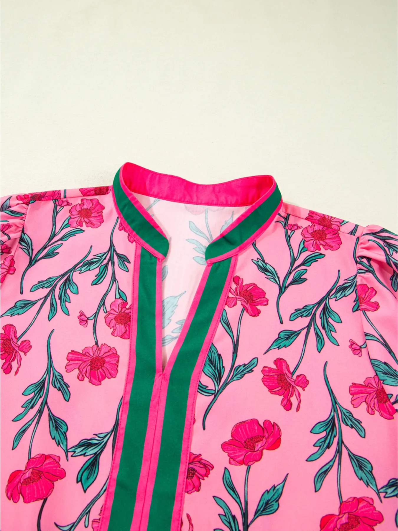 Floral Contrast Neckline A-line Puff Sleeve Dress - Image 8