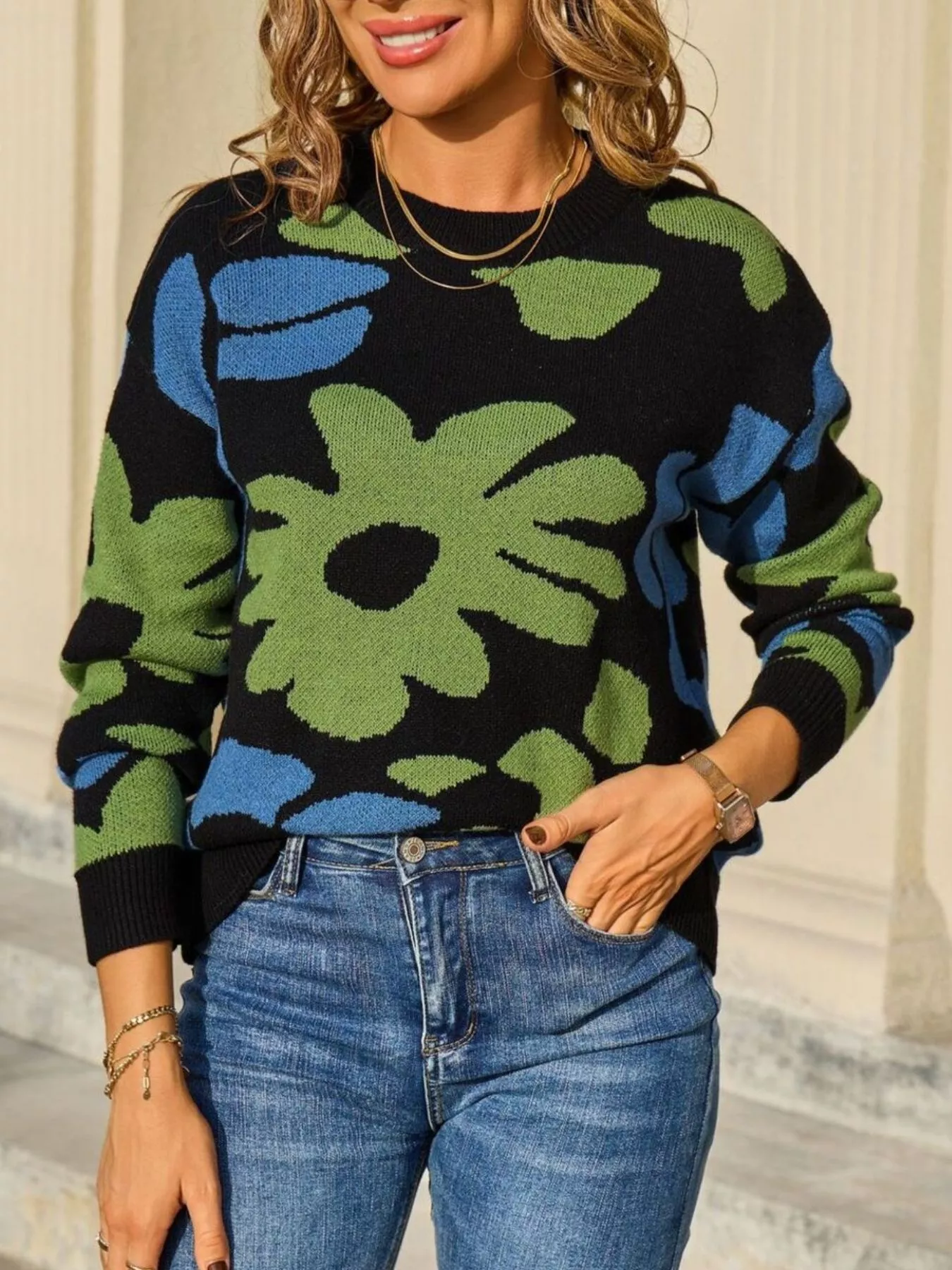 Floral Crew Neck Long Sleeve Sweater - Image 6