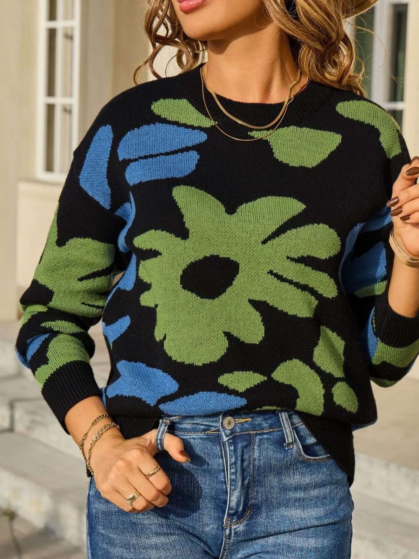 Floral Crew Neck Long Sleeve Sweater - Image 7