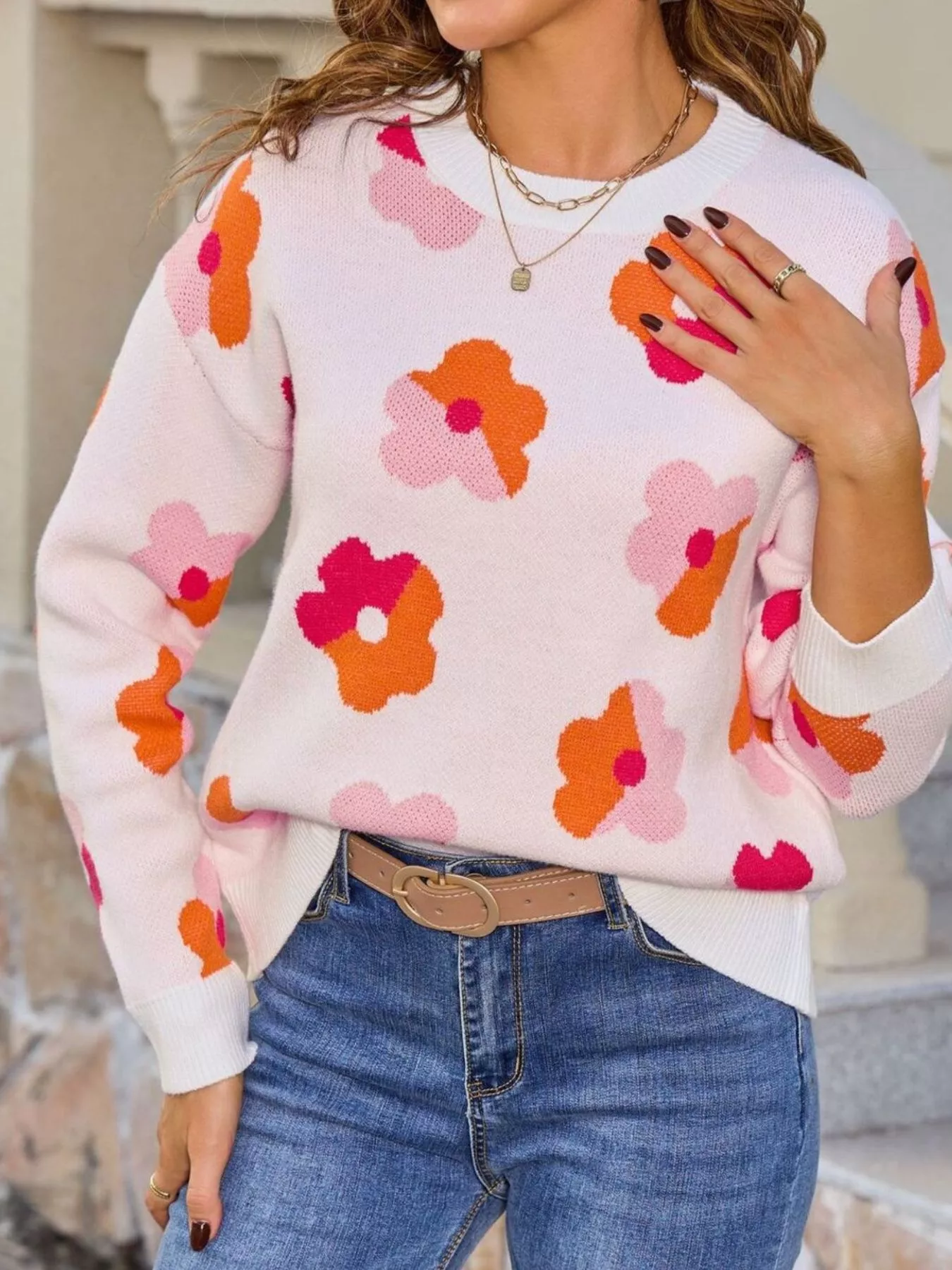 Floral Crew Neck Long Sleeve Sweater - Image 13