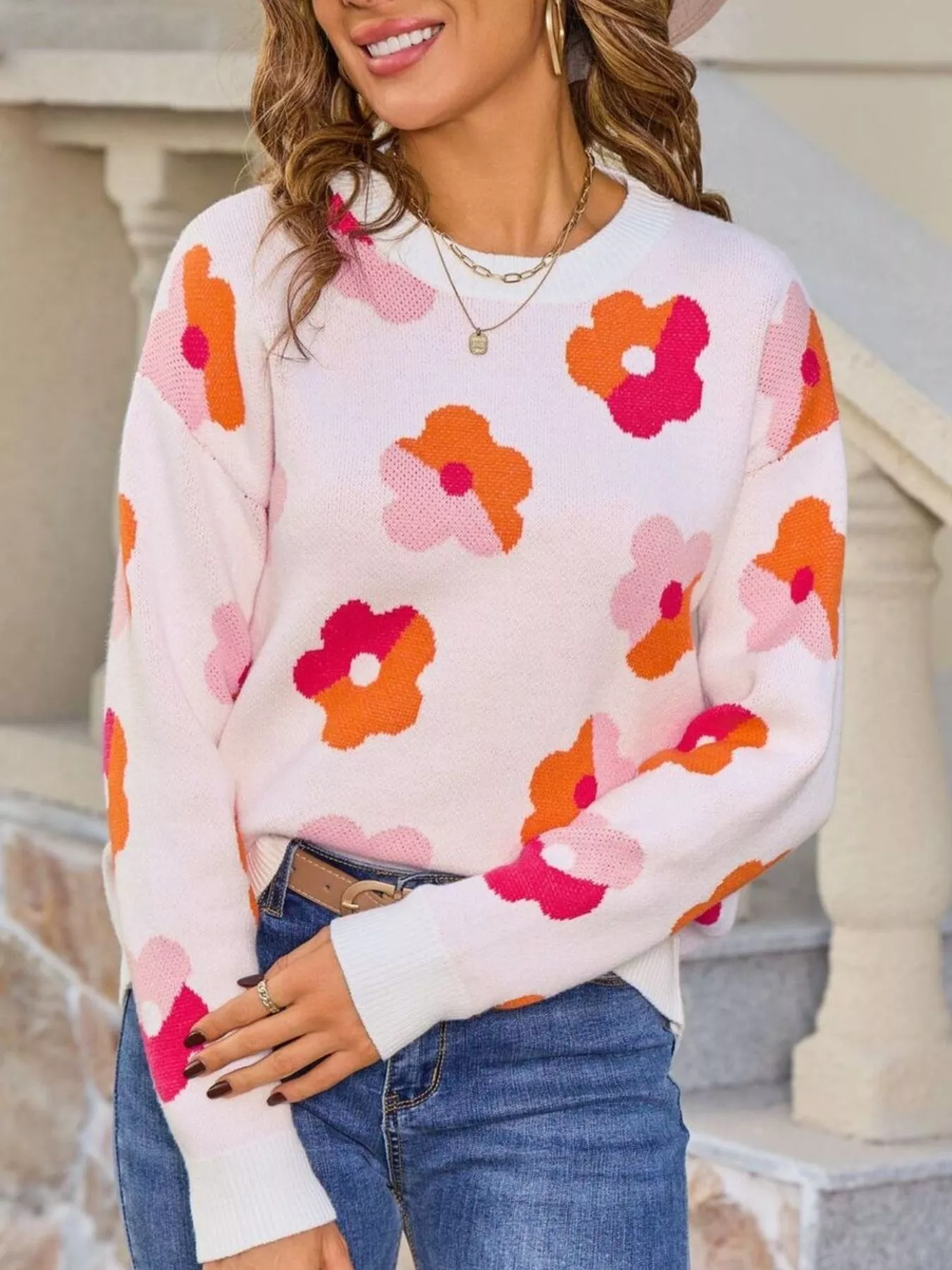 Floral Crew Neck Long Sleeve Sweater - Image 16