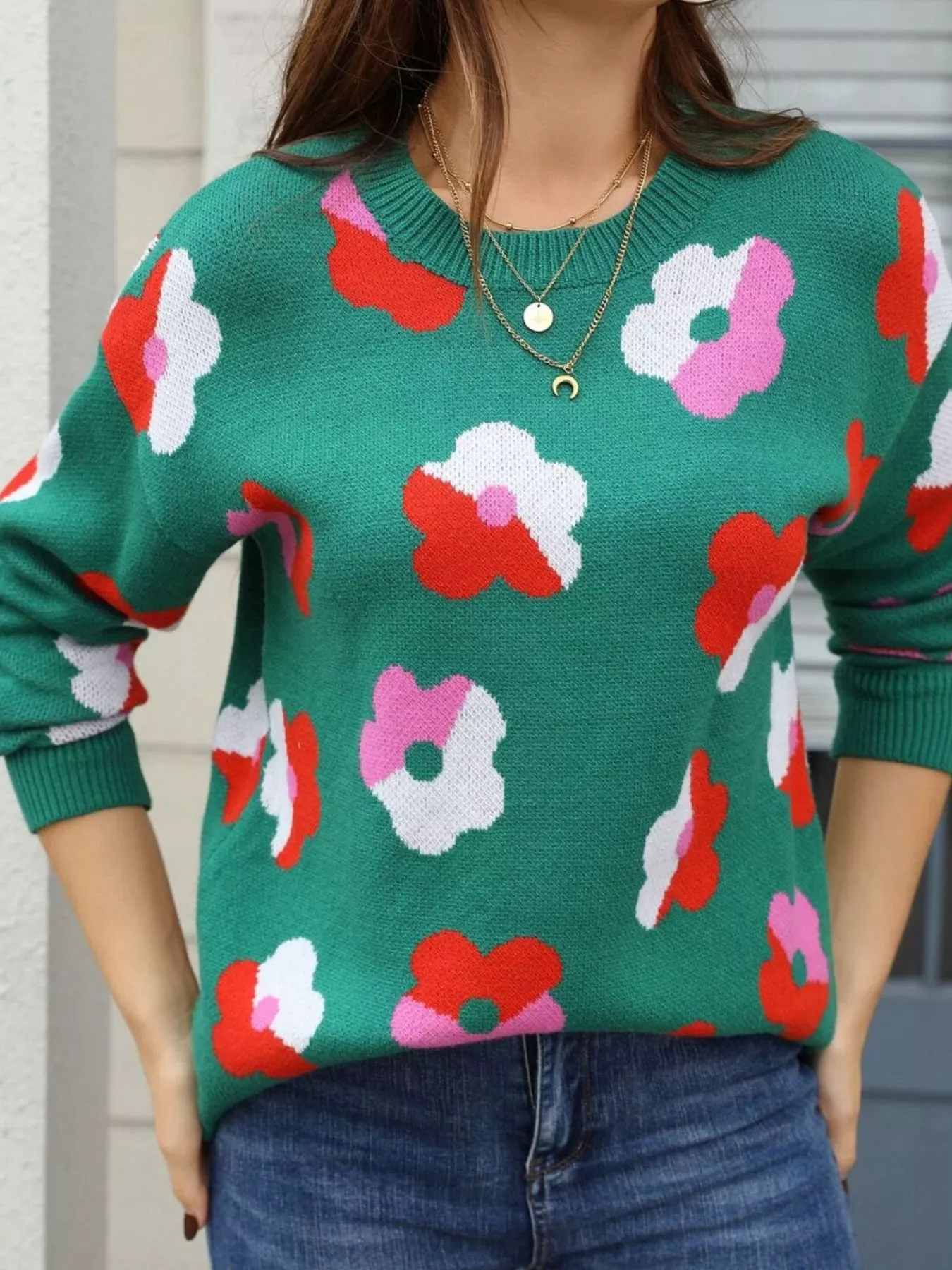 Floral Crew Neck Long Sleeve Sweater - Image 5