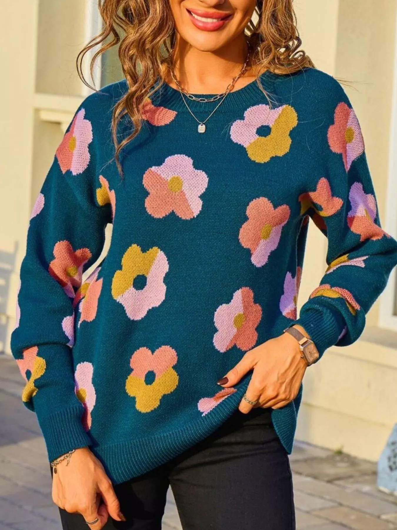 Floral Crew Neck Long Sleeve Sweater - Image 8