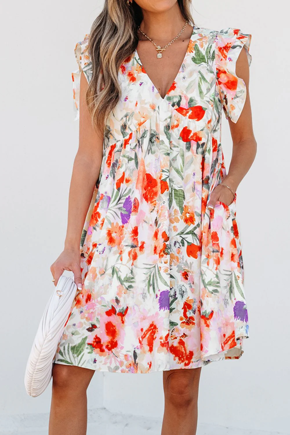 Floral Double Ruffle Sleeve V Neck Mini Dress - Image 4