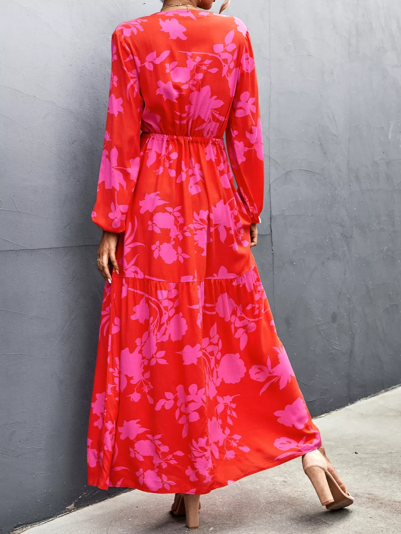 Floral Drawstring Waist Long Sleeve Maxi Dress - Image 3