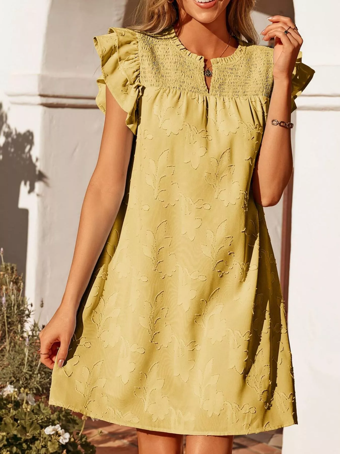 Floral Embossed Ruffle Sleeve Mini Dress - Image 27