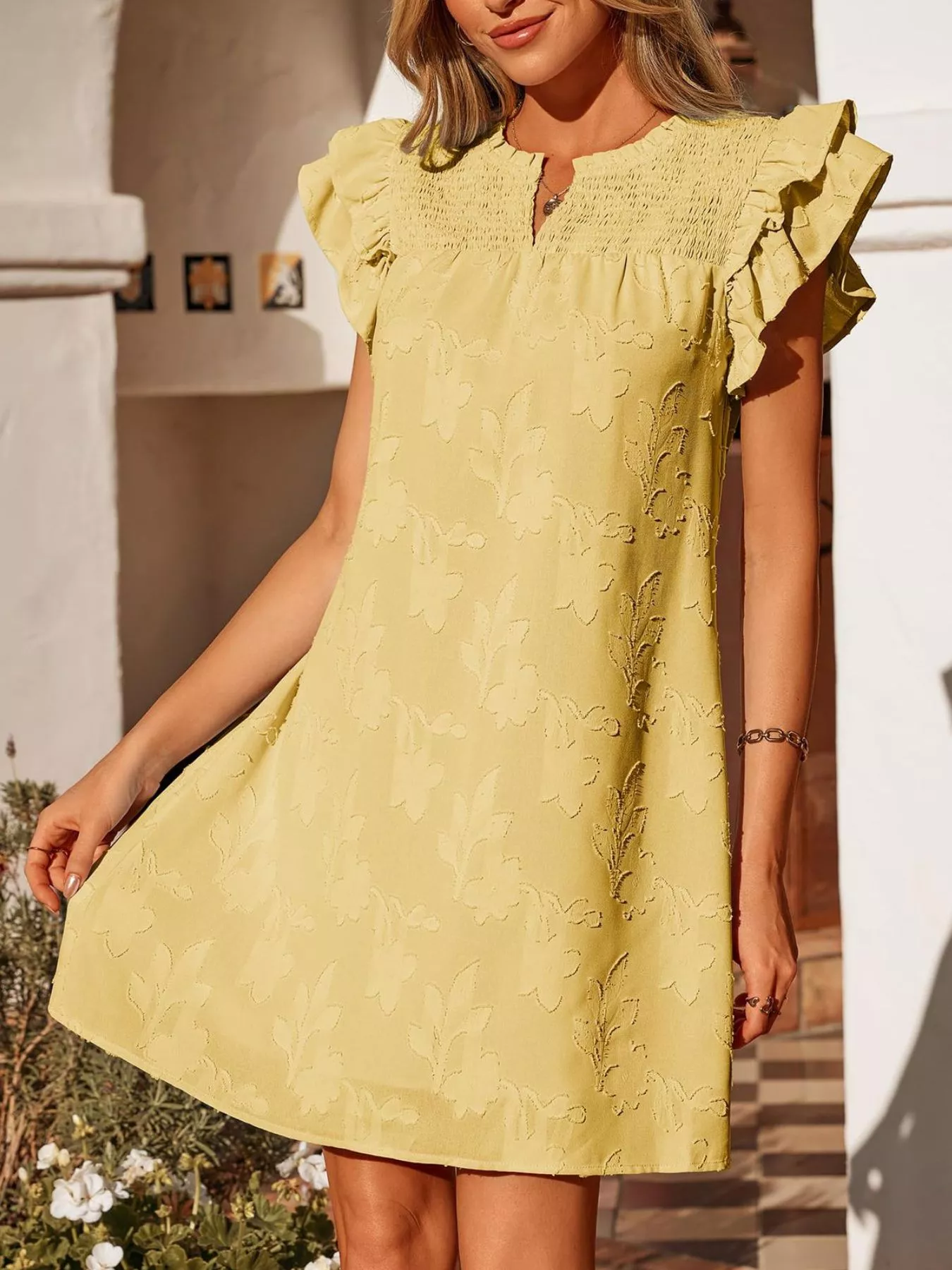 Floral Embossed Ruffle Sleeve Mini Dress - Image 28