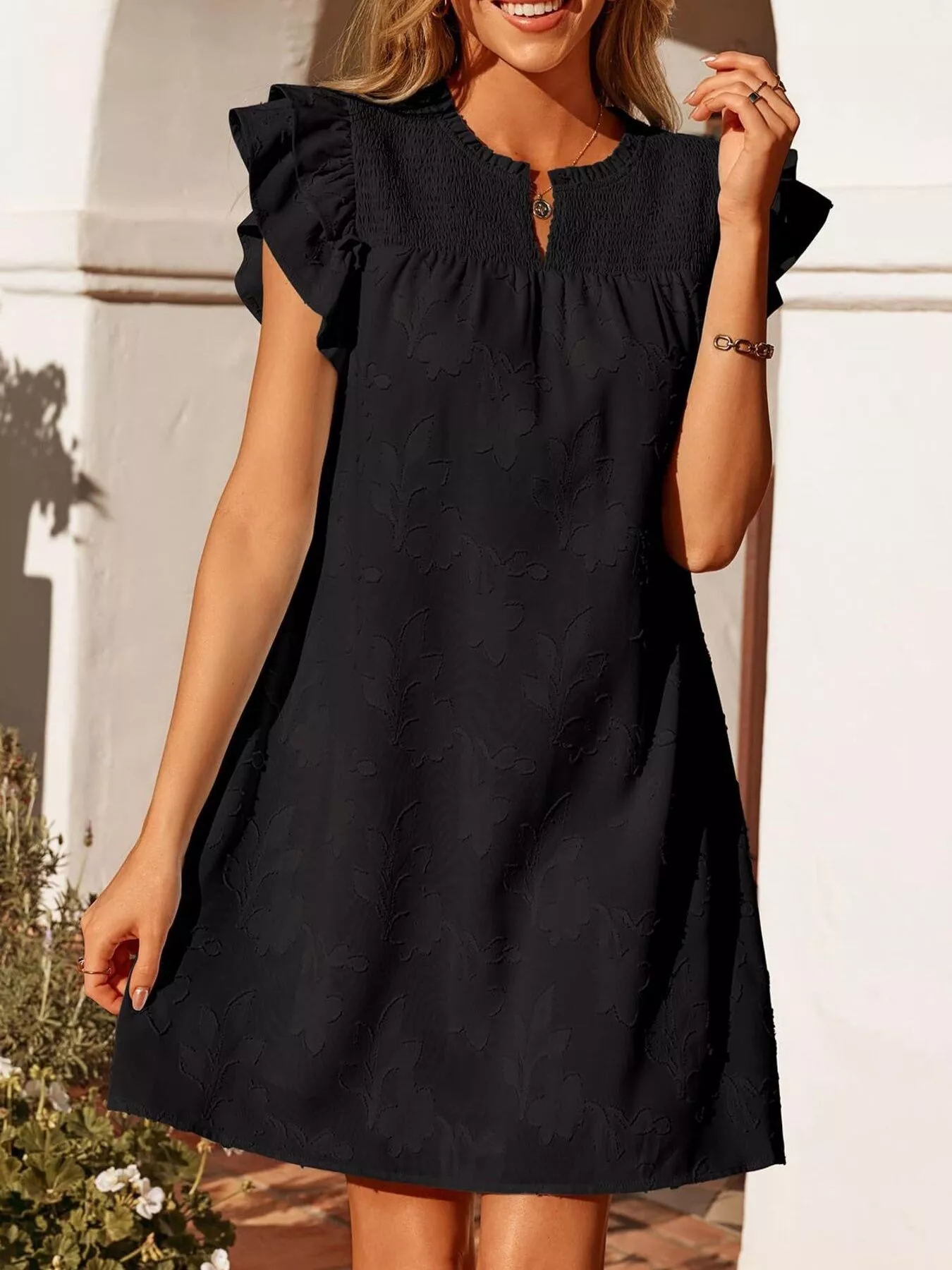 Floral Embossed Ruffle Sleeve Mini Dress - Image 8