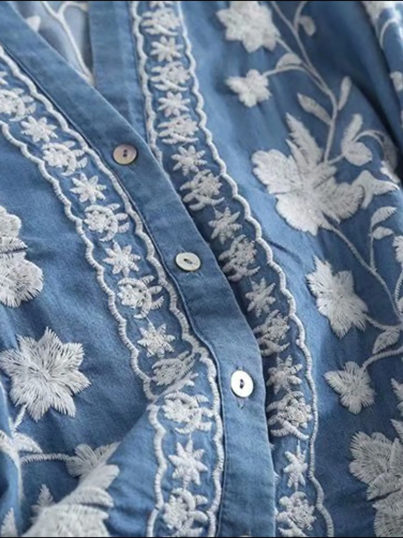 Floral Embroidered Button Up Denim Shirt - Image 7