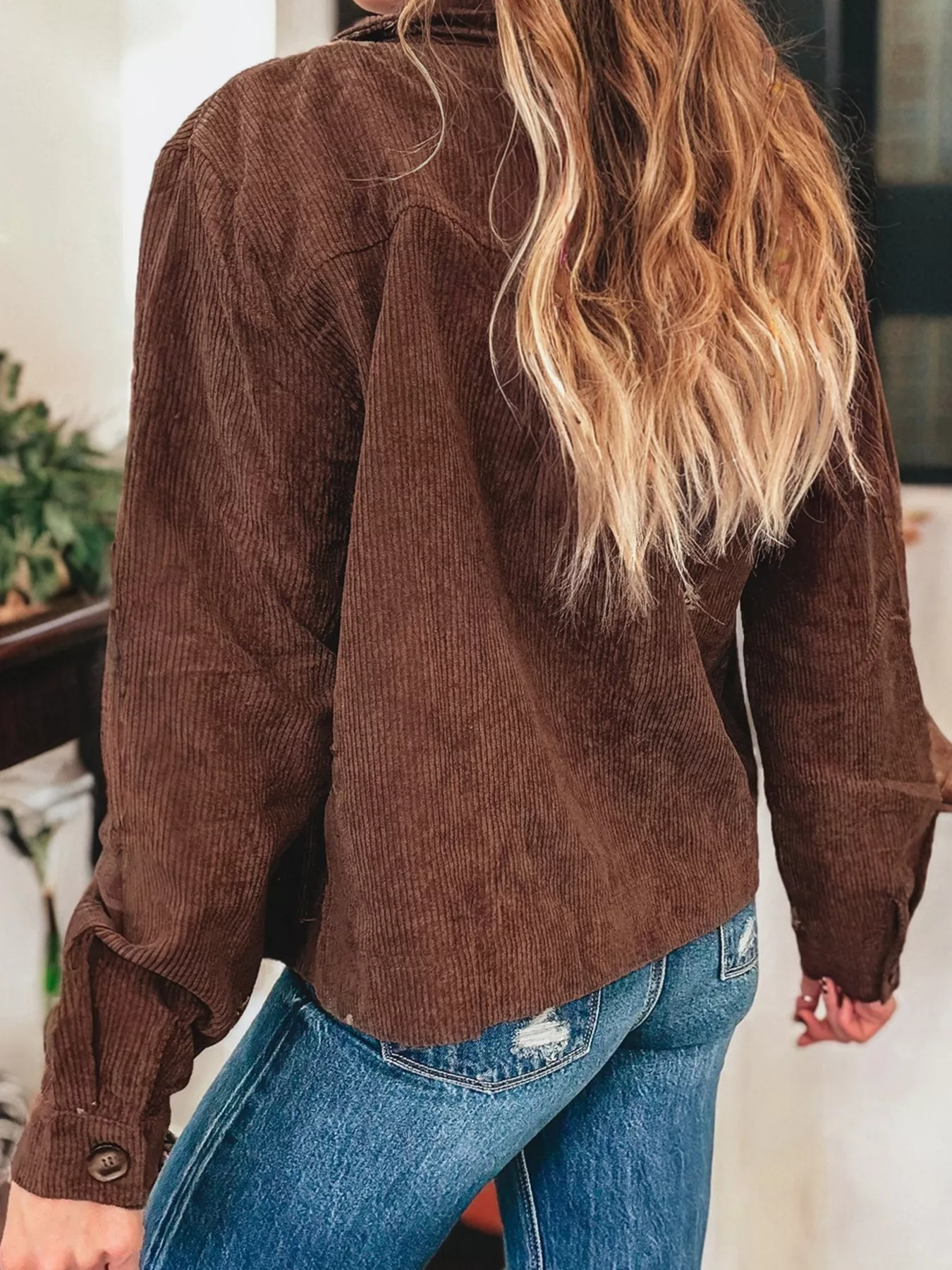 Floral Embroidered Collar Button Front Corduroy Jacket - Image 2