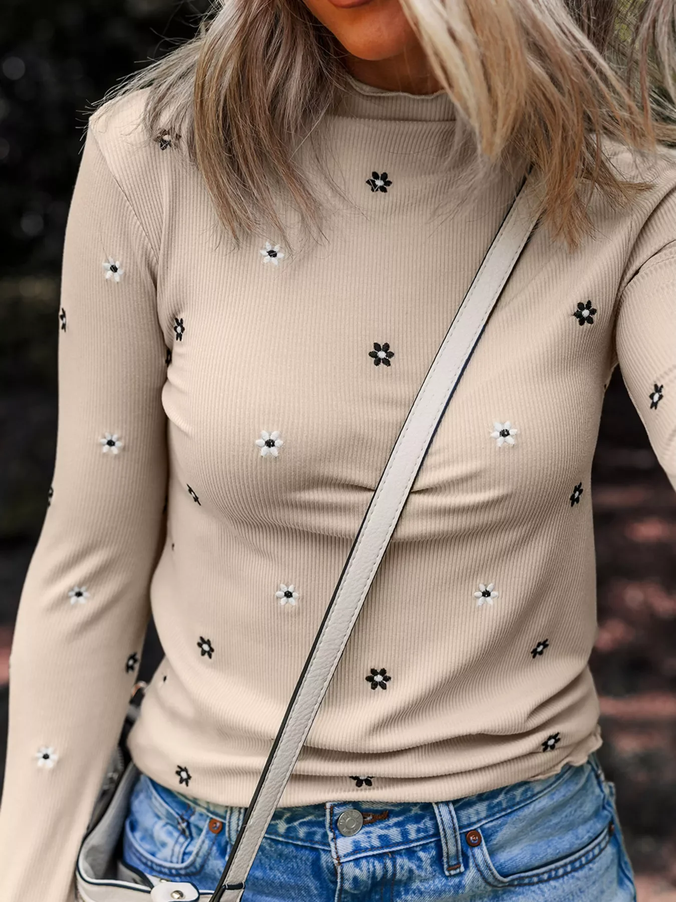 Floral Embroidered Detail Ribbed Long Sleeve Top - Image 6