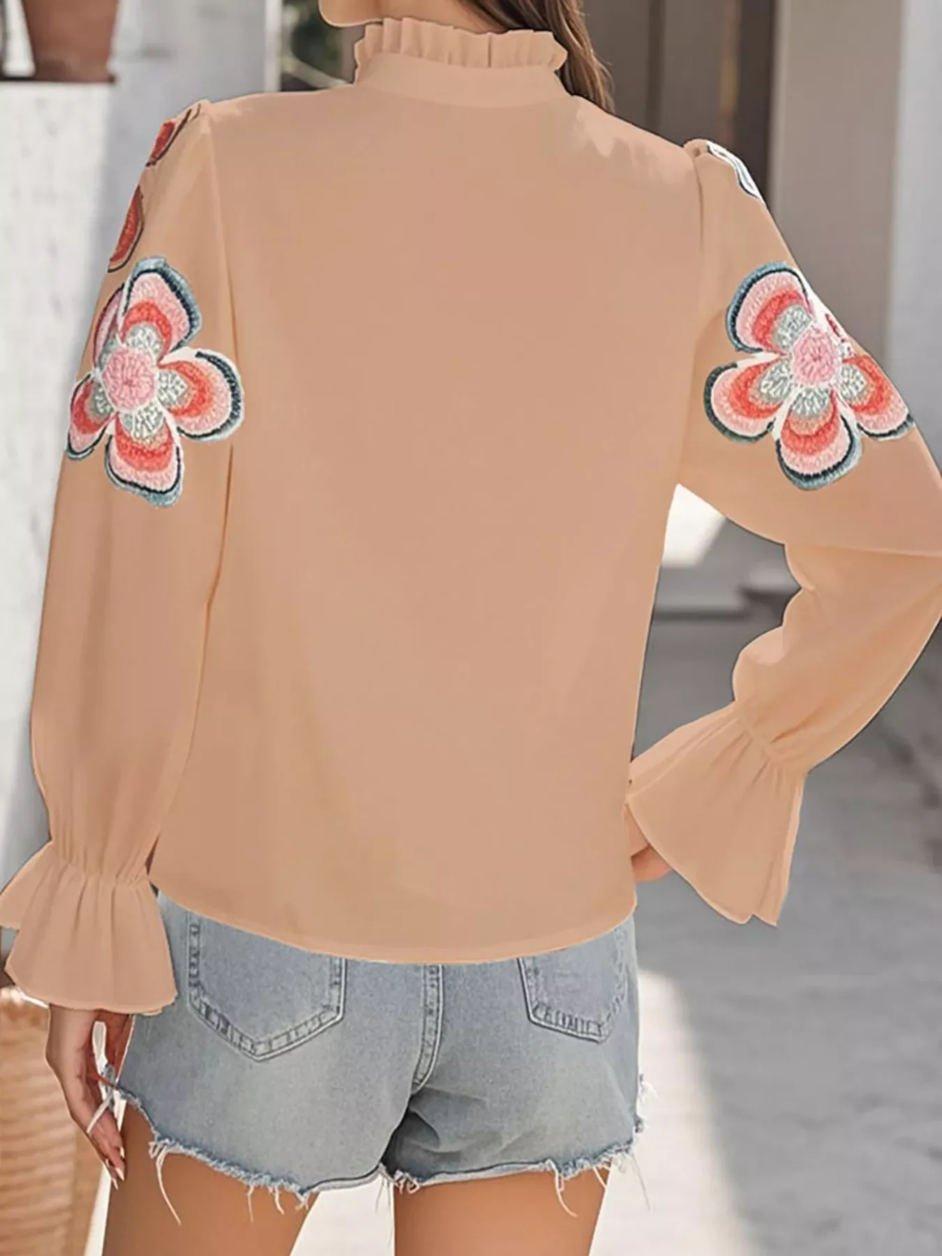 Floral Embroidered Notched Long Sleeve Blouse - Image 11