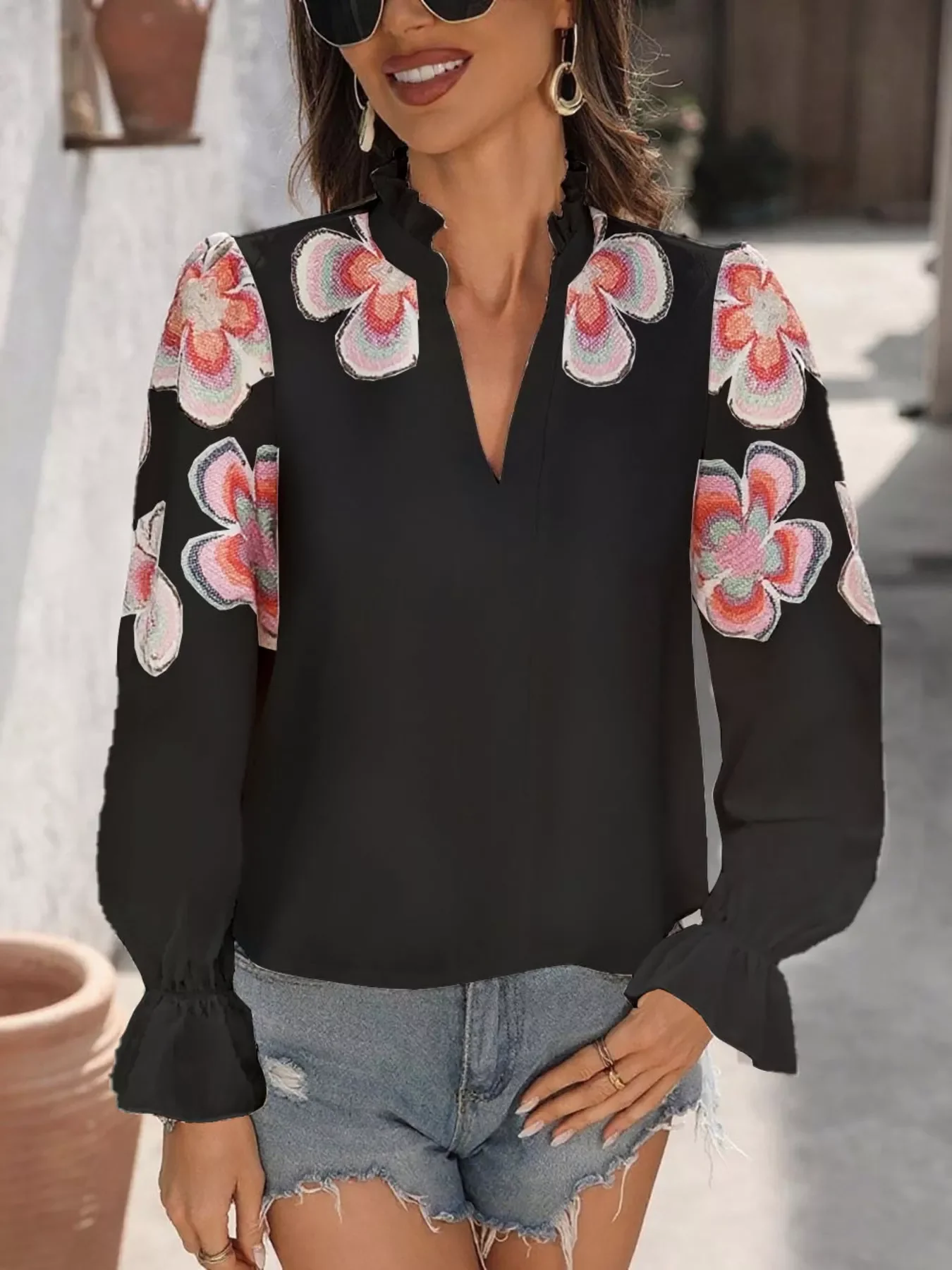 Floral Embroidered Notched Long Sleeve Blouse - Image 4