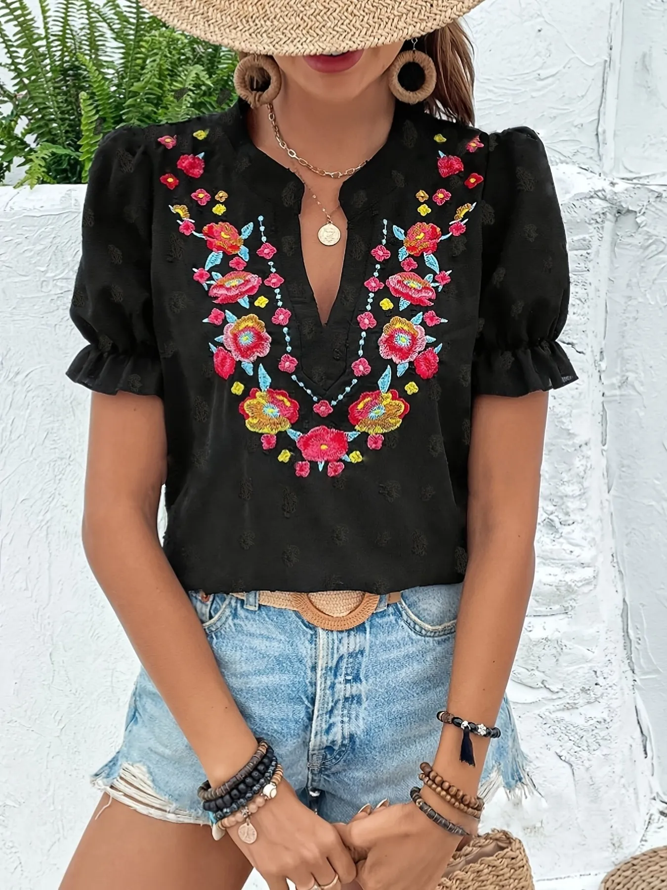 Floral Embroidered Puff Sleeve Blouse - Image 3