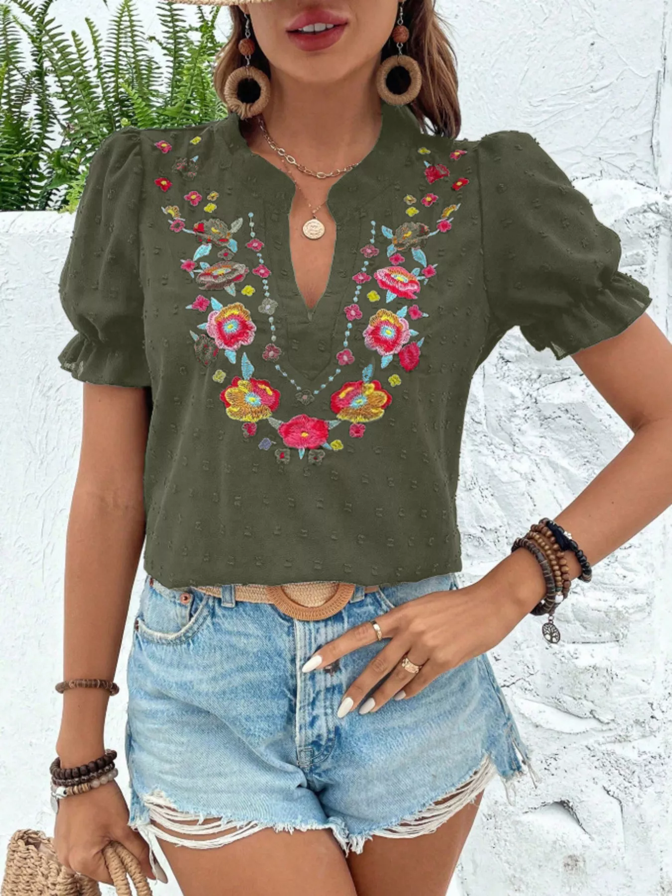 Floral Embroidered Puff Sleeve Blouse - Image 8