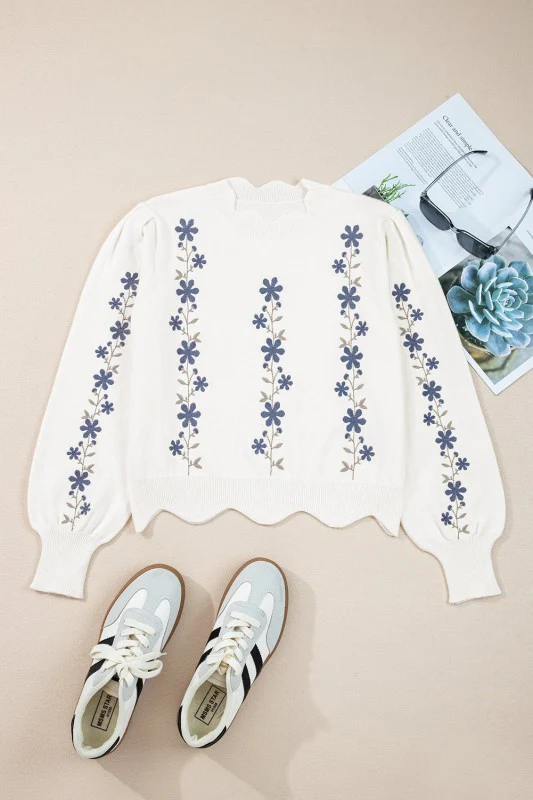 Floral Embroidered Scallop Hem Sweater - Image 6
