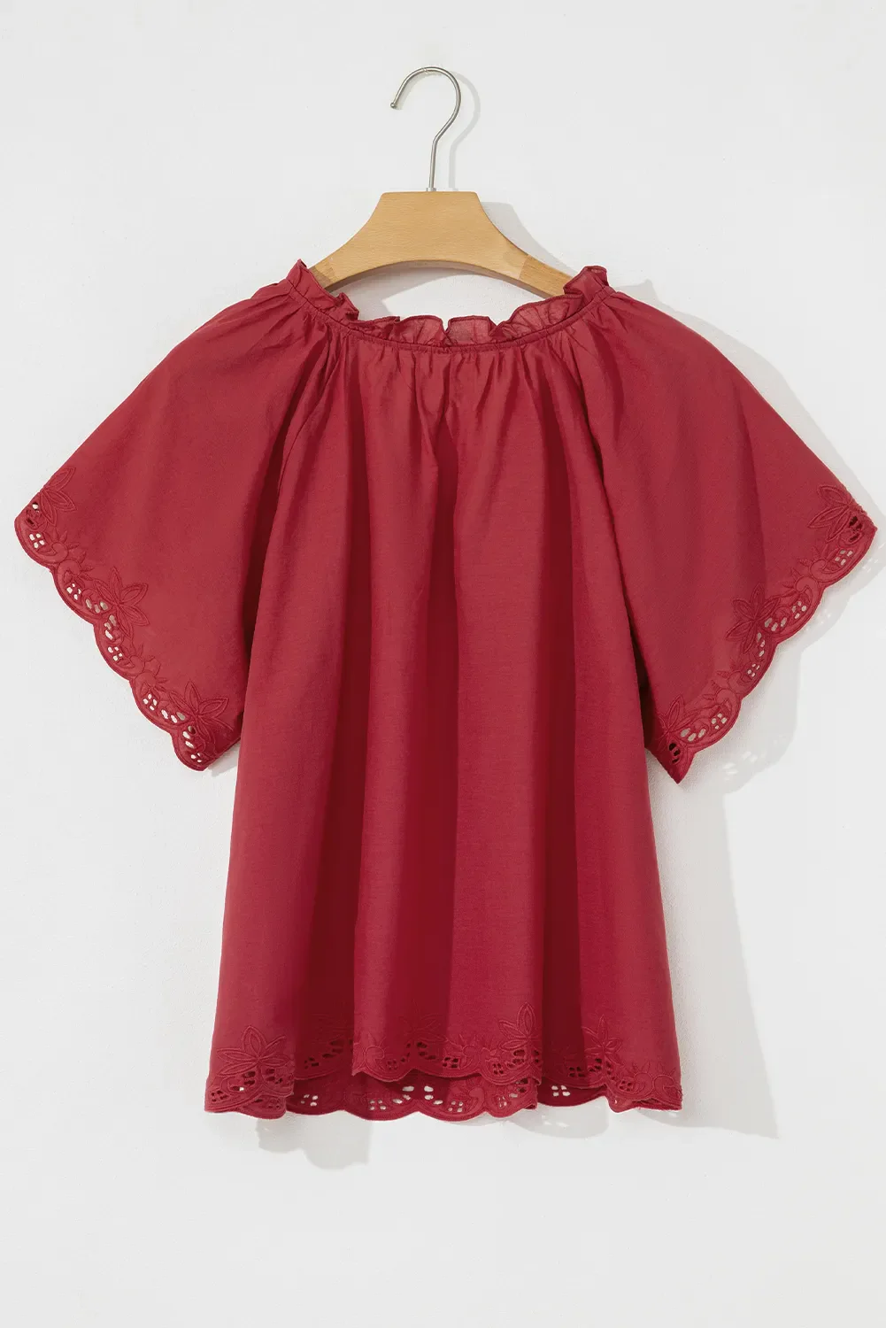 Floral Embroidered Scallop Trim Short Sleeve Notched Blouse - Image 8