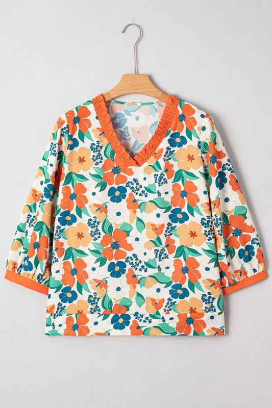 Floral Frilled V-Neck 3/4 Sleeve Blouse - Image 2