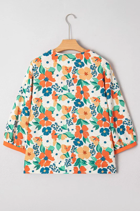 Floral Frilled V-Neck 3/4 Sleeve Blouse - Image 4
