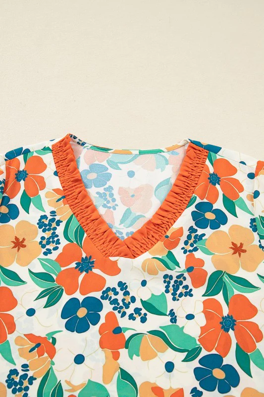 Floral Frilled V-Neck 3/4 Sleeve Blouse - Image 5