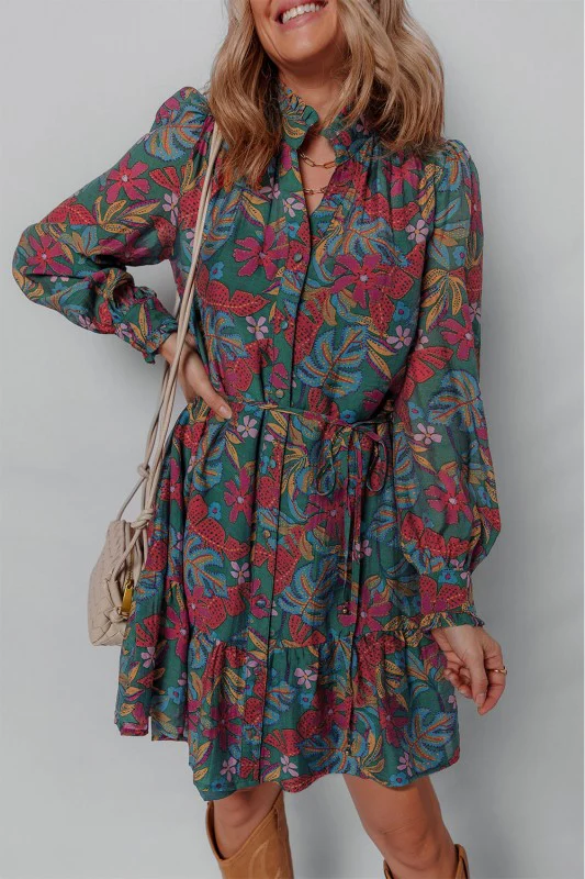 Floral Frilled V-Neck Puff Sleeve Ruffle Shirt Dre - Image 3
