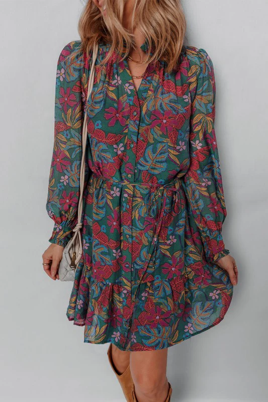 Floral Frilled V-Neck Puff Sleeve Ruffle Shirt Dre - Image 4
