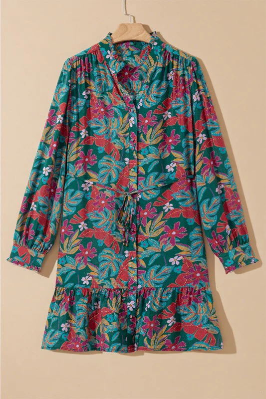 Floral Frilled V-Neck Puff Sleeve Ruffle Shirt Dre - Image 6