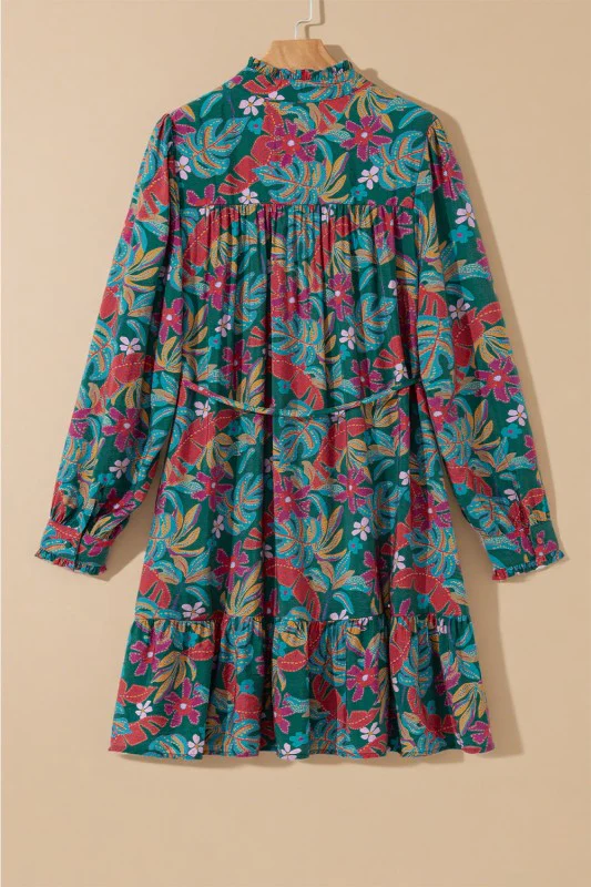 Floral Frilled V-Neck Puff Sleeve Ruffle Shirt Dre - Image 7