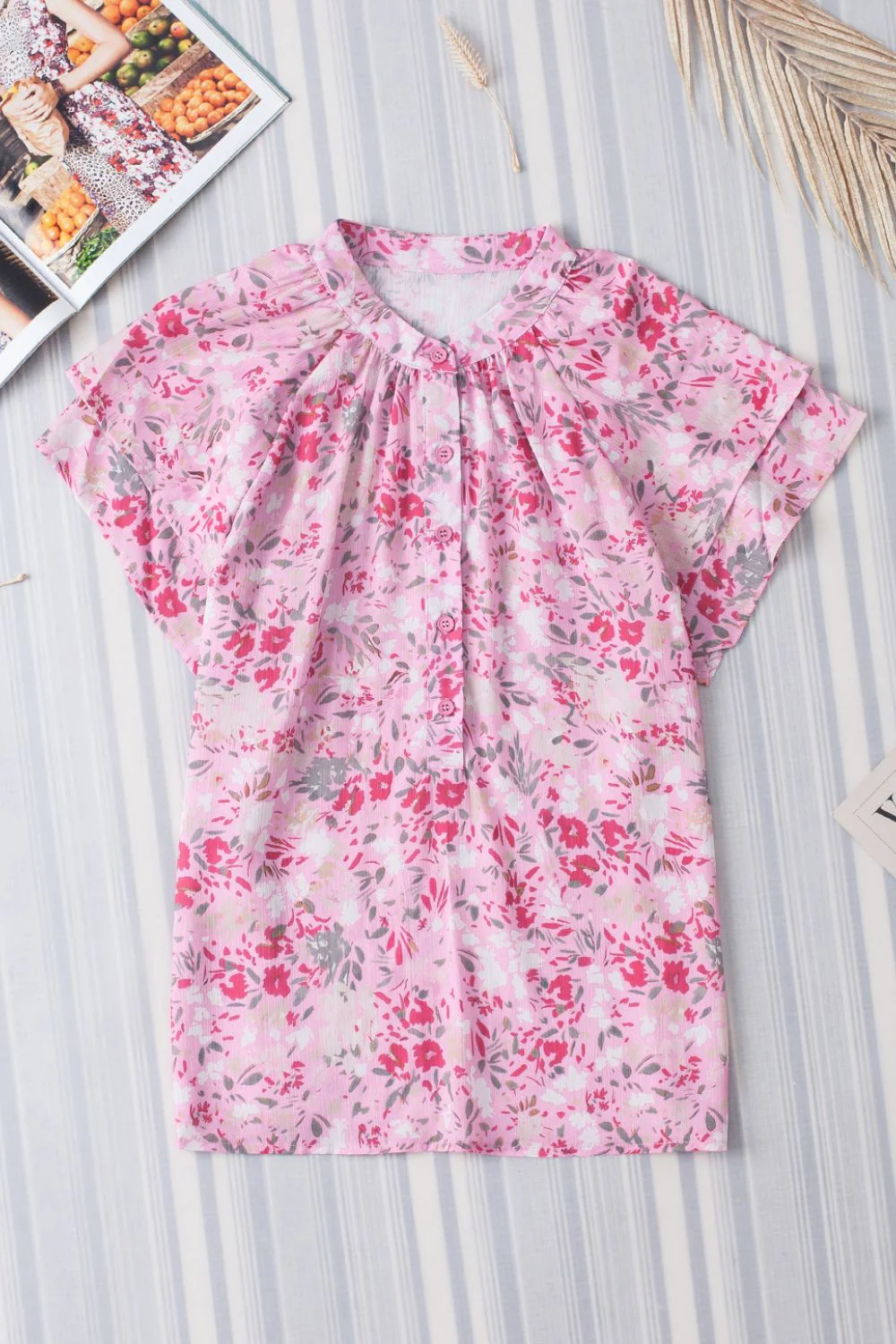 Floral Half Button Round Neck Short Sleeve Blouse - Image 5