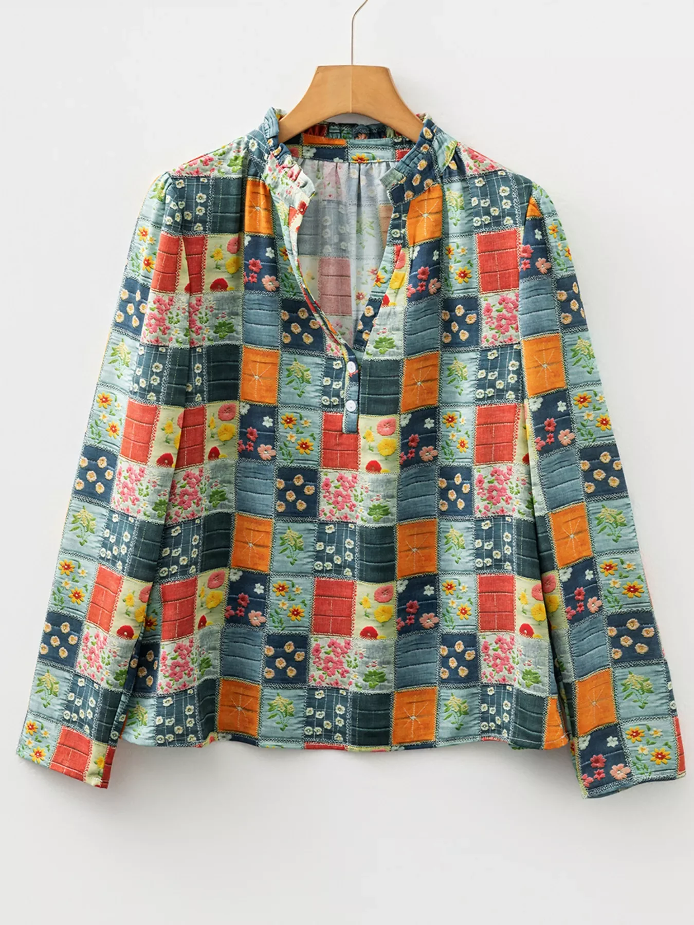 Floral Half Placket Notched Blouse - Image 4