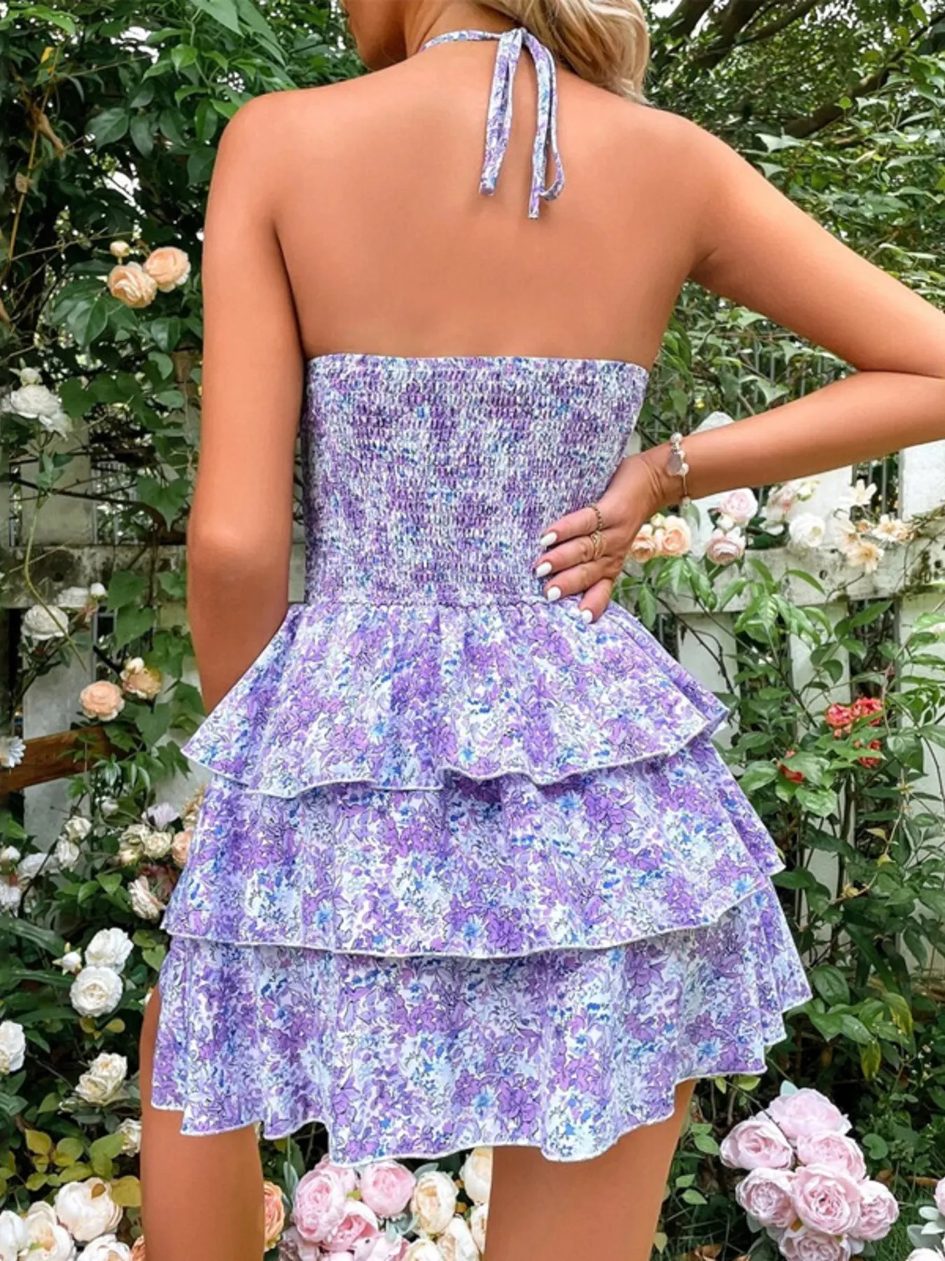 Floral Halter Cutout Ruffled Mini Dress - Image 2