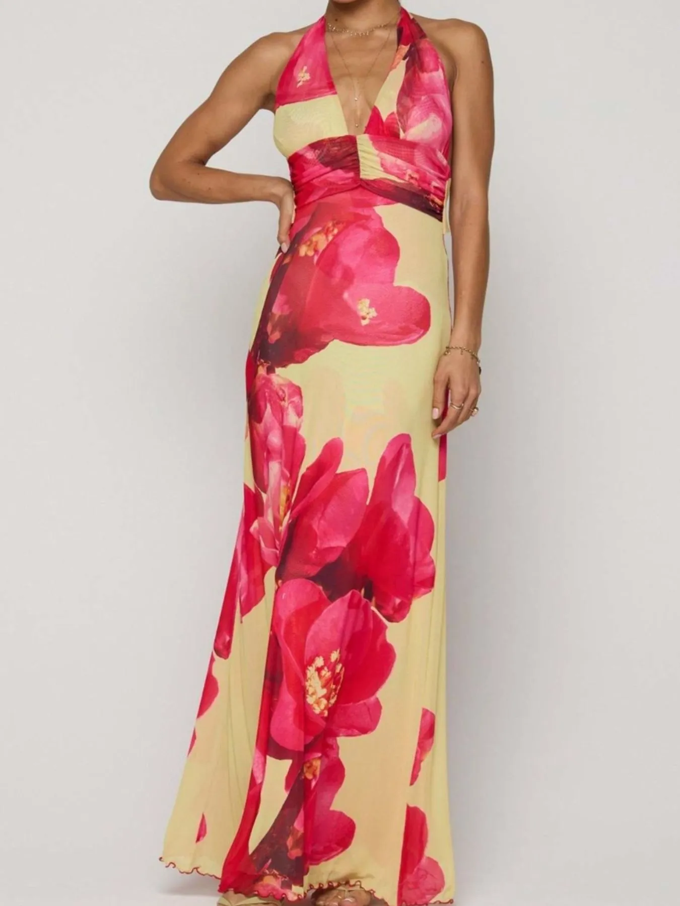 Floral Halter Neck Deep V Maxi Dress - Image 12