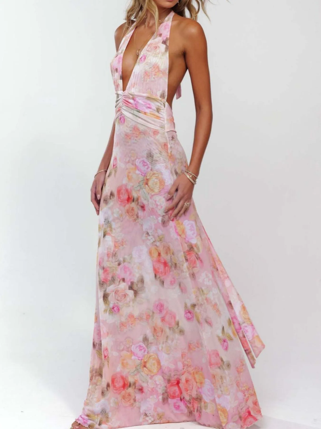 Floral Halter Neck Deep V Maxi Dress - Image 3