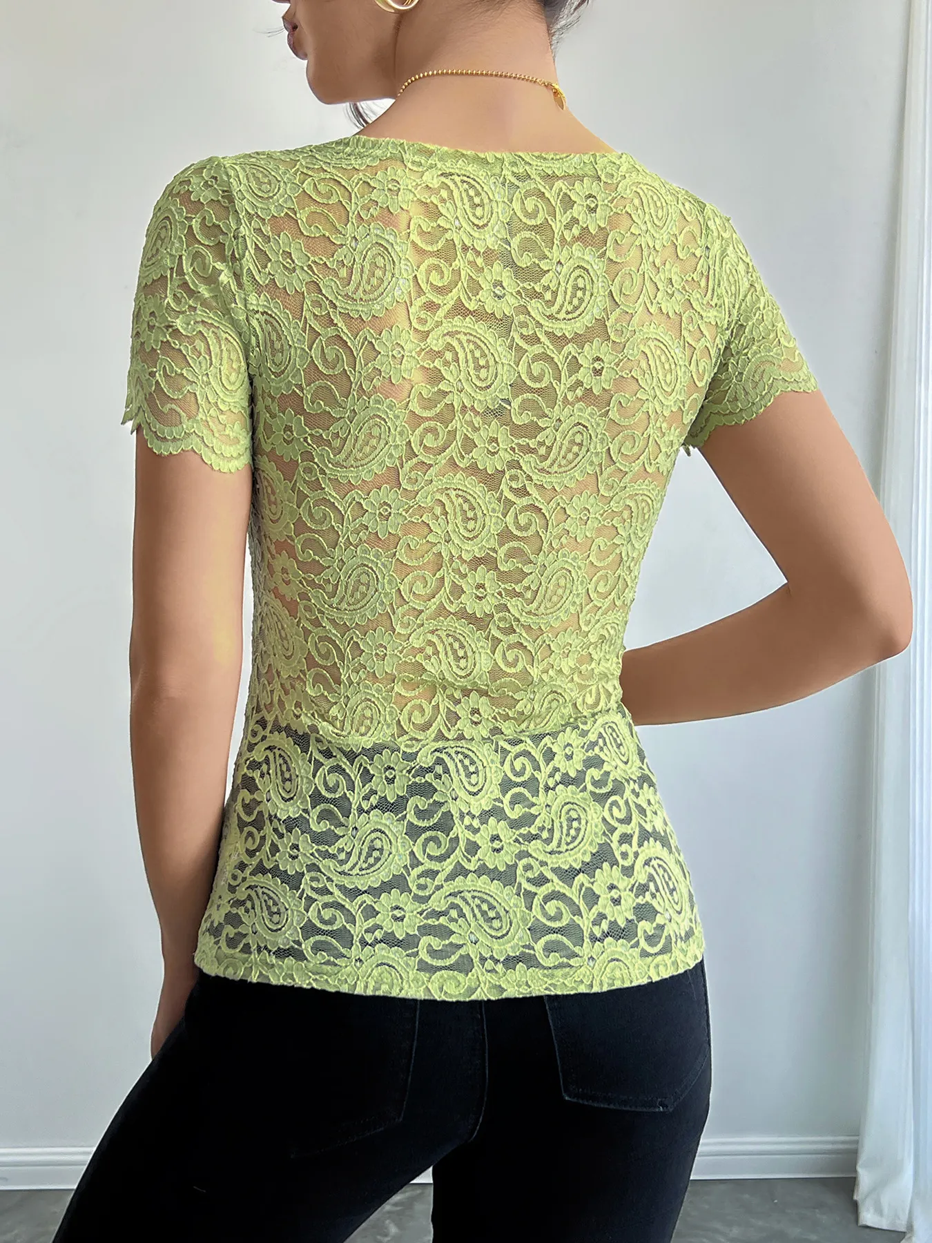 Floral Lace Square Neck T-Shirt - Image 2