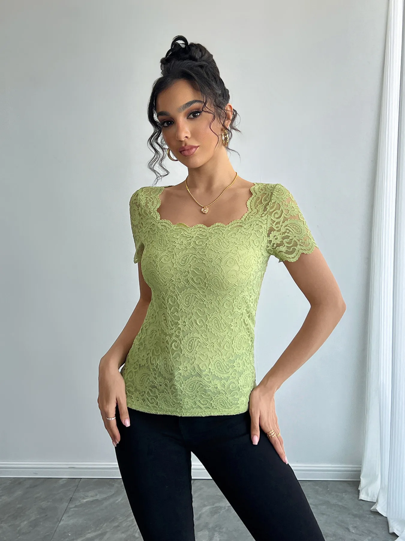 Floral Lace Square Neck T-Shirt - Image 6