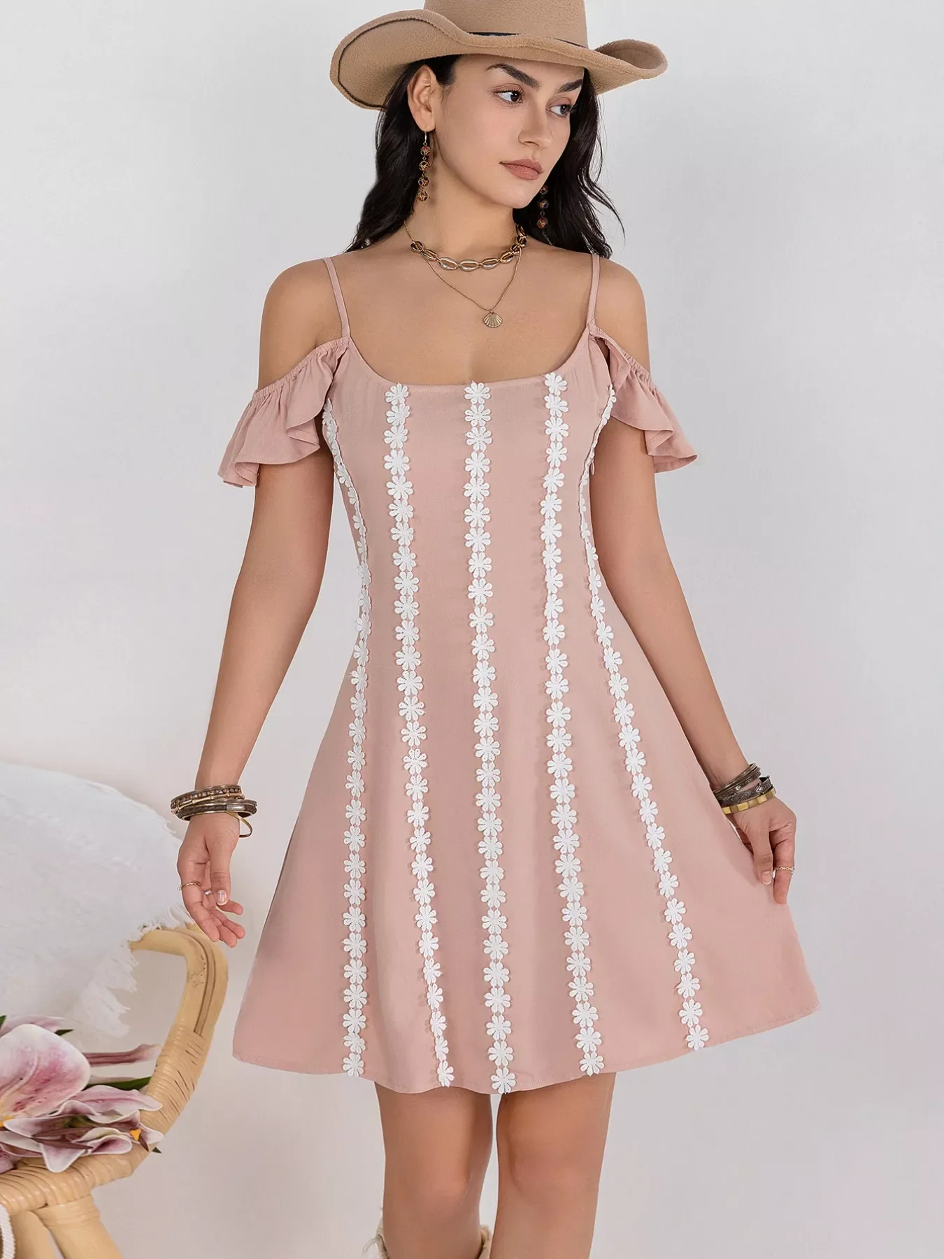 Floral Lace Trim Cold Shoulder A-Line Dress
