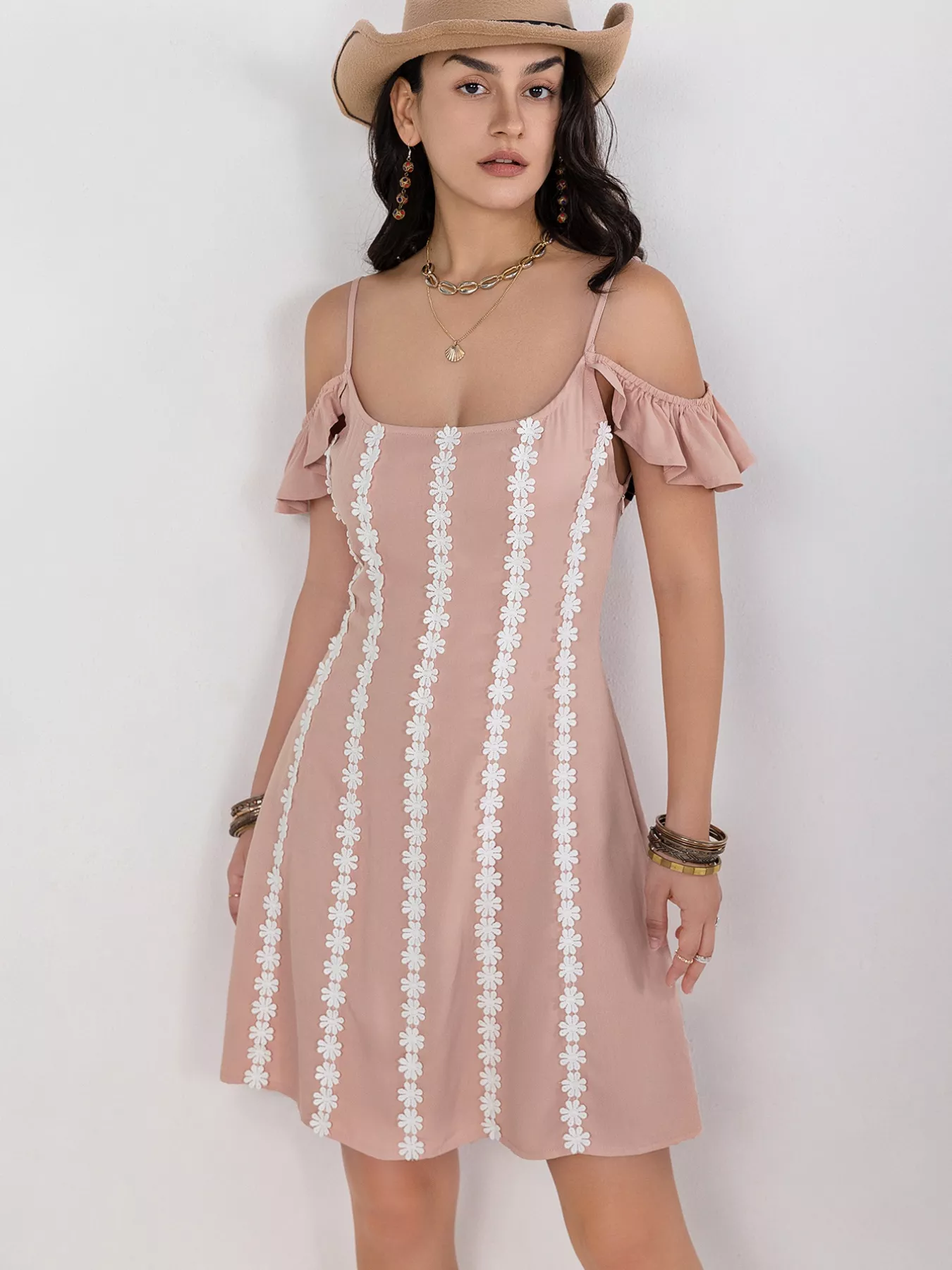 Floral Lace Trim Cold Shoulder A-Line Dress - Image 2