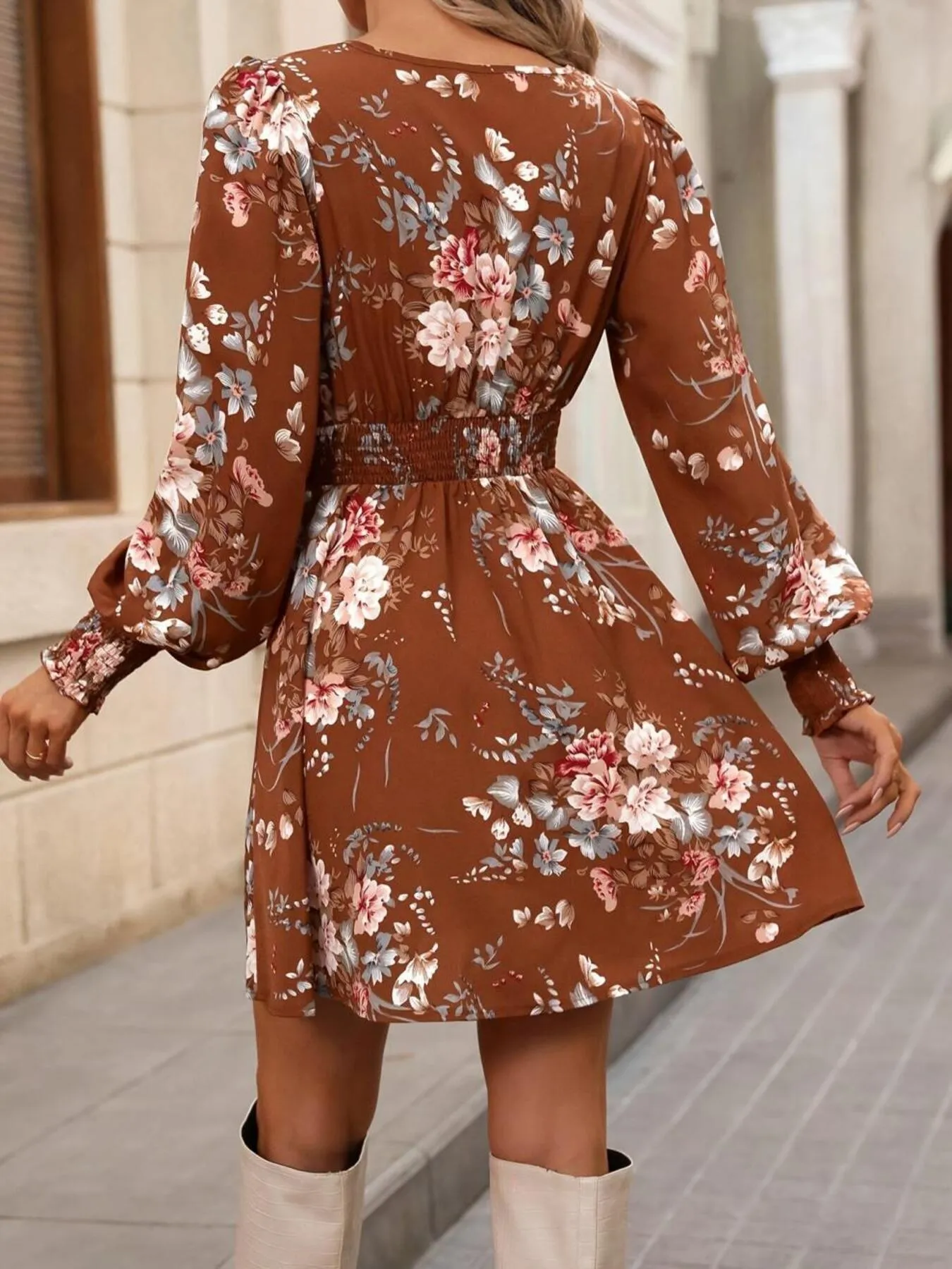 Floral Long Sleeve Mini Dress with Smocked Waist - Image 3