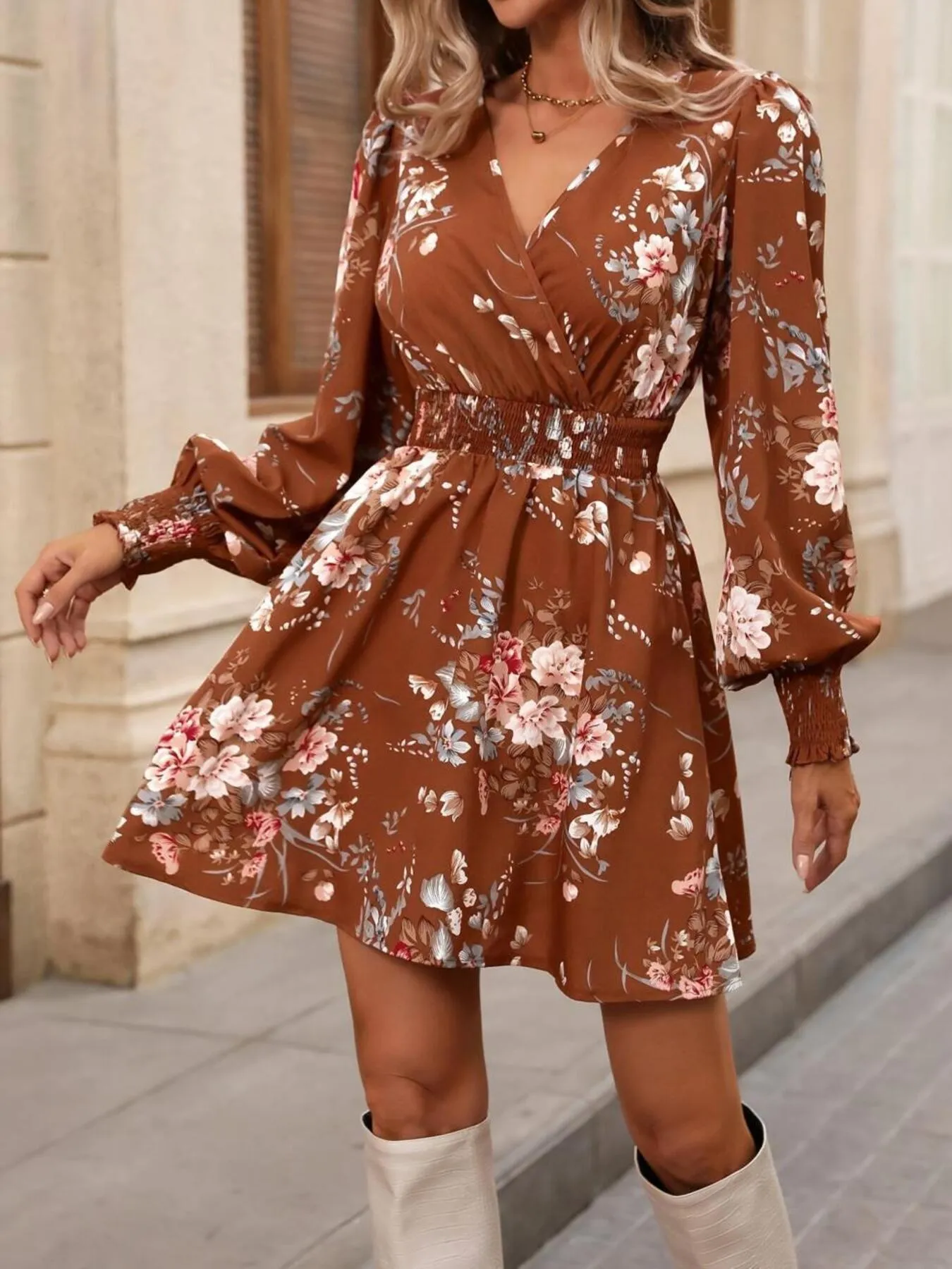 Floral Long Sleeve Mini Dress with Smocked Waist - Image 4