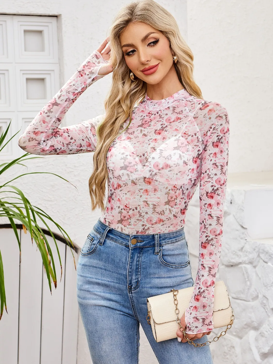Floral Mock Neck Long Sleeve Top - Image 18