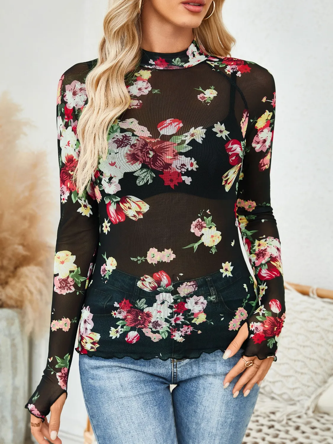 Floral Mock Neck Long Sleeve Top - Image 2