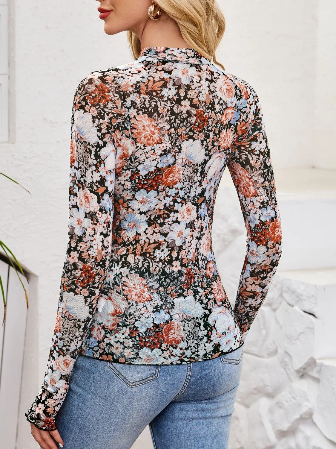 Floral Mock Neck Long Sleeve Top - Image 24