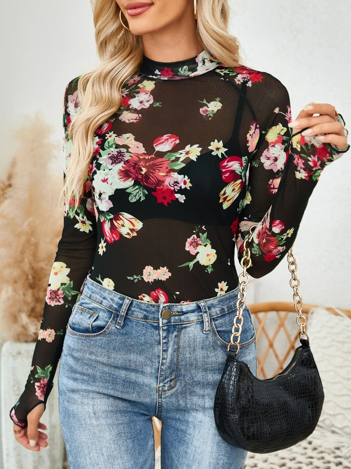 Floral Mock Neck Long Sleeve Top - Image 3
